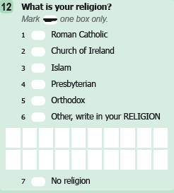 question 12 of the 2016 census on the question of religion